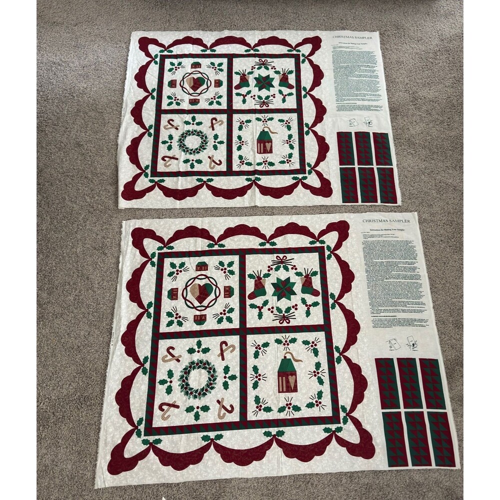 Vtg Wamsutta Christmas Sampler Fabric Panel Cheater Quilt Wall Hanging Uncut 2PC